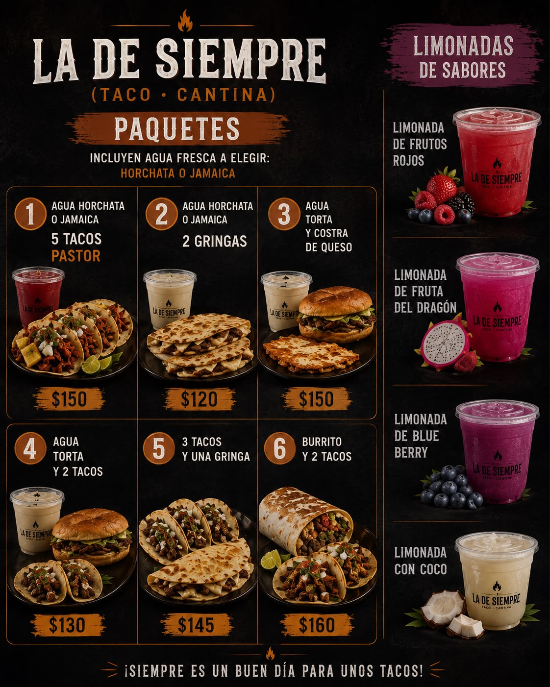 Menú actual de La de Siempre, paquetes y limonadas